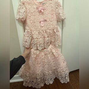 Self-Portrait Kids Pink Guipure Lace 2-Piece Set - Peplum Top & Skirt - Size 4/5